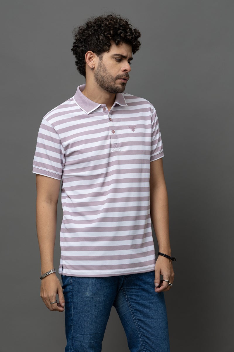 GO DEVIL Purple & White Striped Polo T-Shirt for Men - Image 2